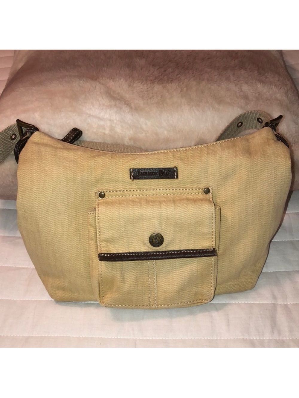 Jamaica Bay Light Cream Canvas Brown Leather Combo Shoulder Bag